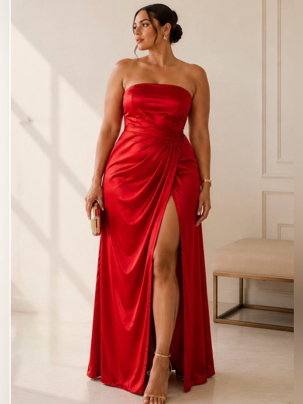 NWT Meshki Aminah Draped Strapless Satin Maxi Dress in red Size XXL - Picture 3 of 16